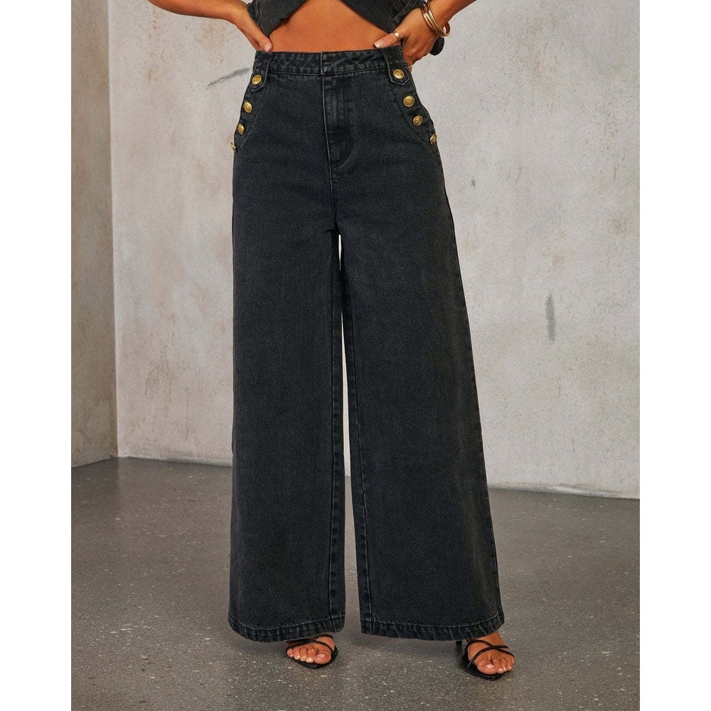 Vestique Womens Wide Leg Sailor Jeans Large Washed Black Gold Buttons High Rise - Picture 1 of 15